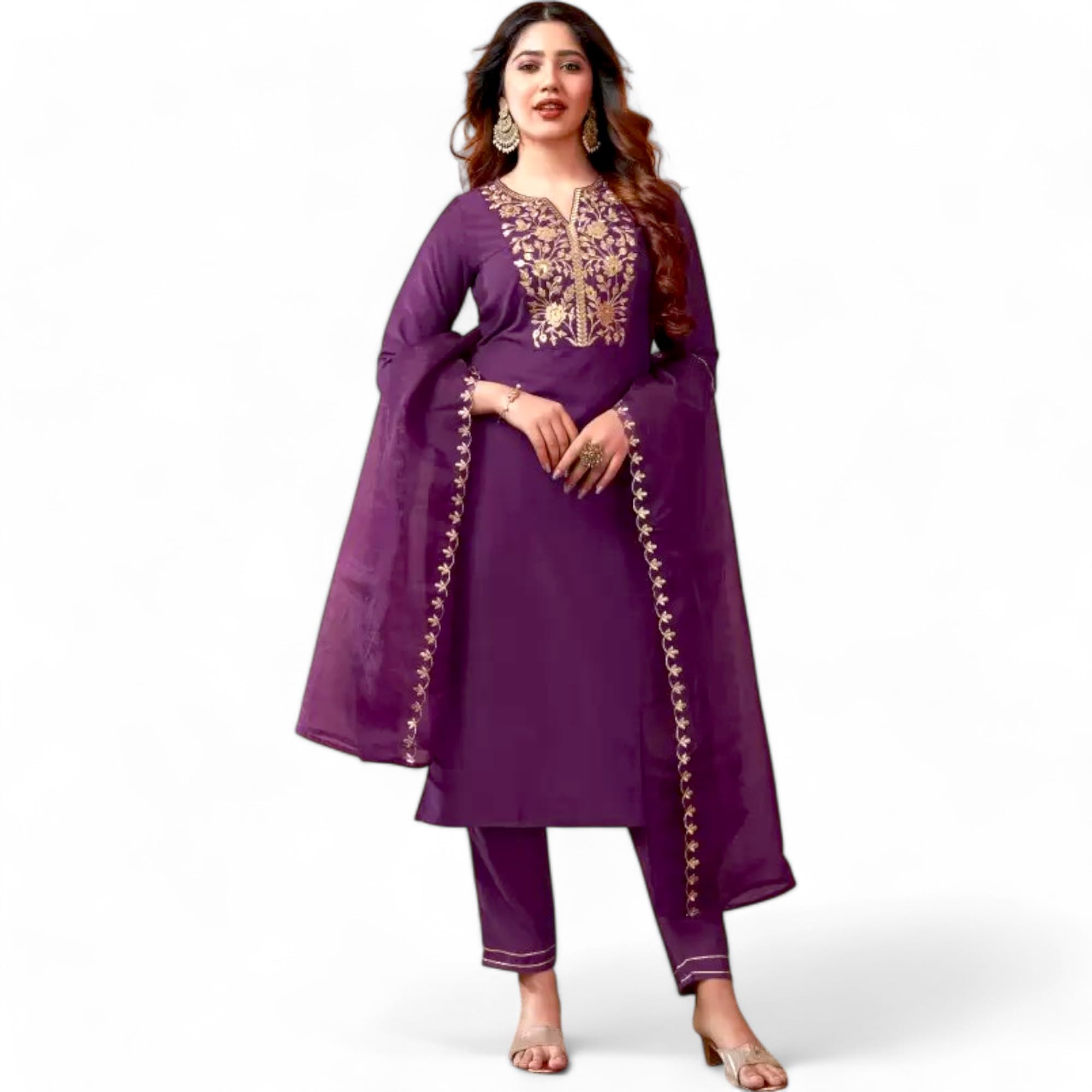 RangMahal Indische Damen-Kurta-Hose, handgefertigt, reine Baumwollmischung, bestickt, Dupatta-Set