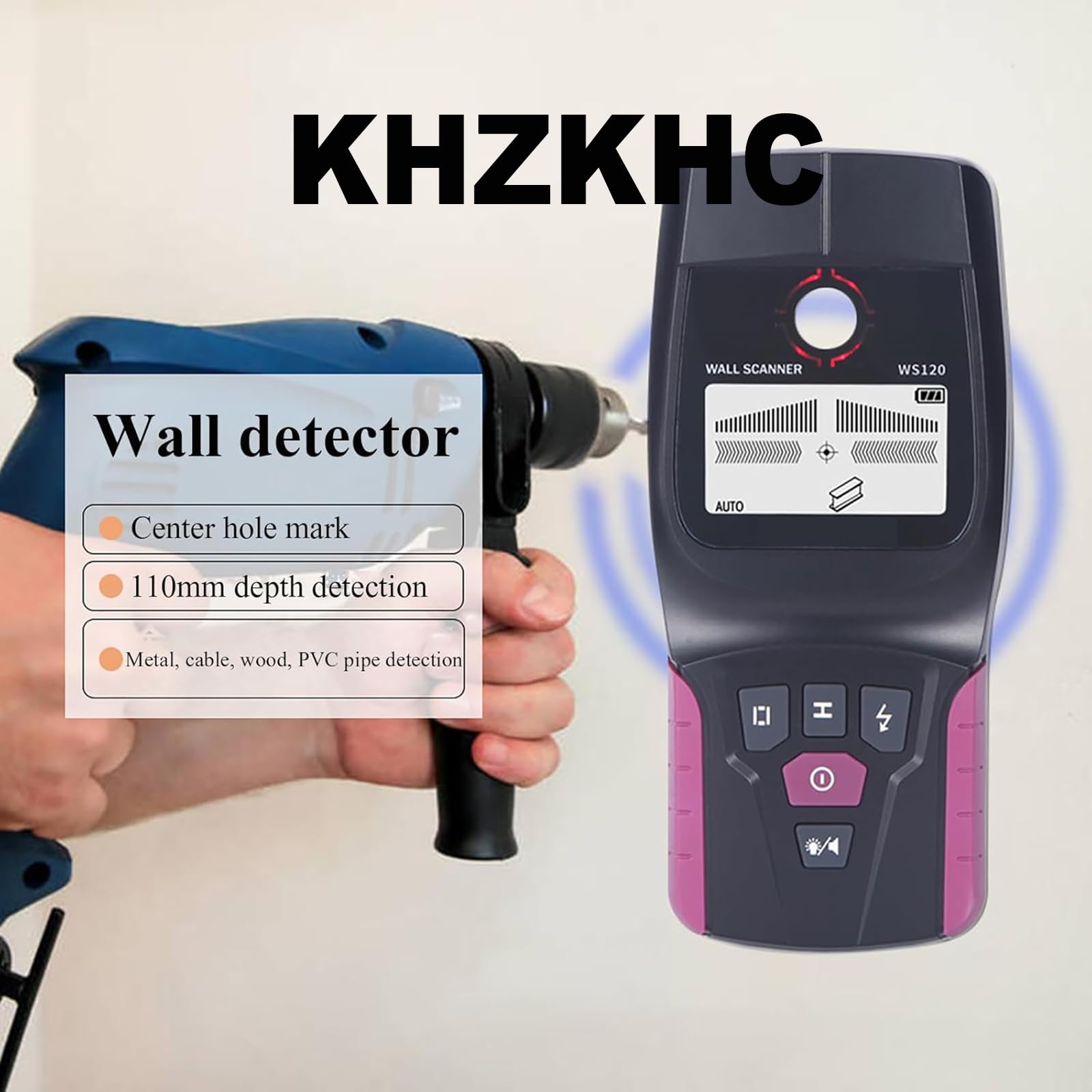 Escáner de pared, detector de metales y cables vivos, localizador de tuberías de agua de PVC, metal ferroso de 110 mm, cable vivo de 50 mm, madera de 25 mm, detección de tuberías de agua de 35 mm