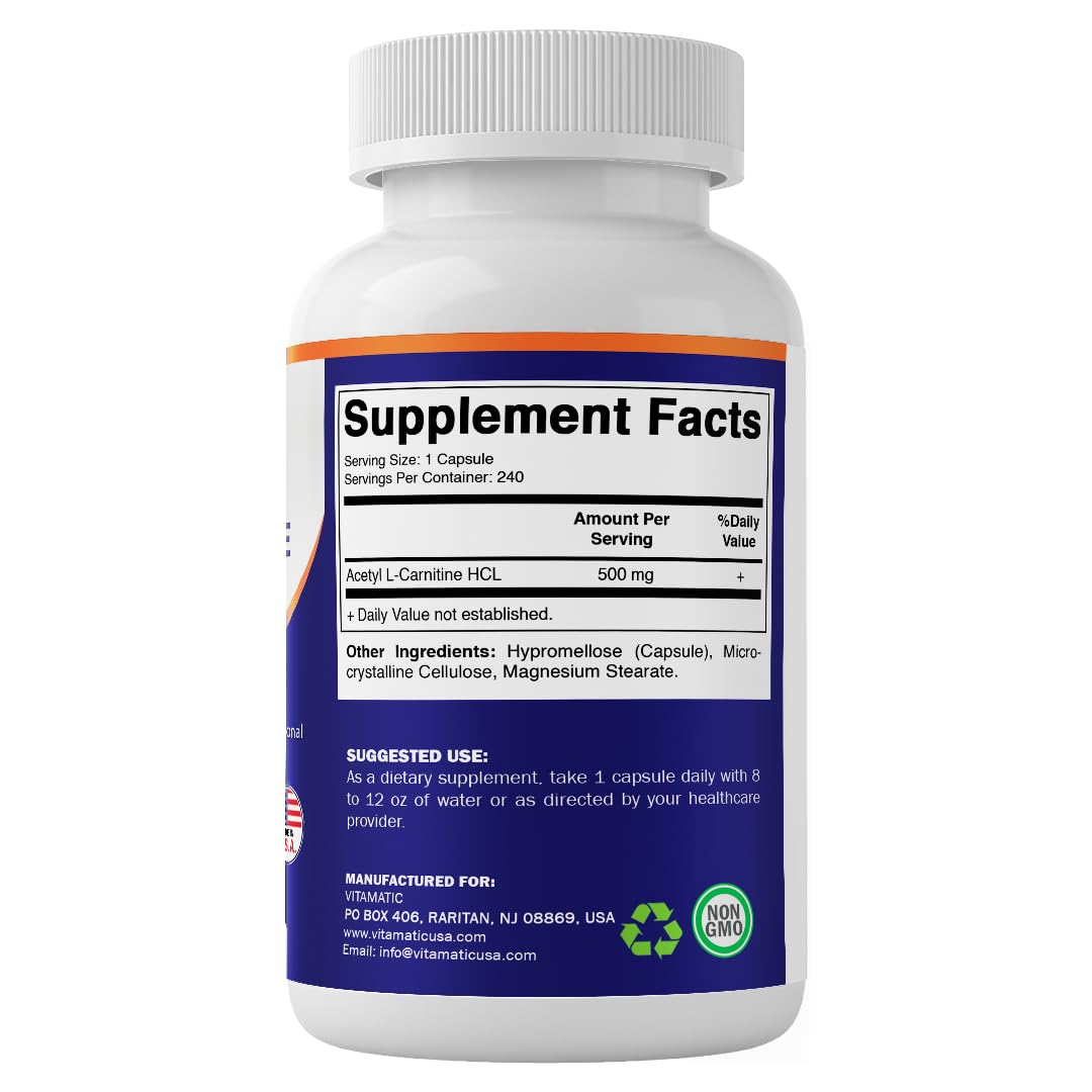 Vitamatic Acetyl L-Carnitine 500mg, 240 Vegetarian Capsules – Amino Acid Supplement, Non-GMO, Gluten Free, Made in USA — Amazon image 8