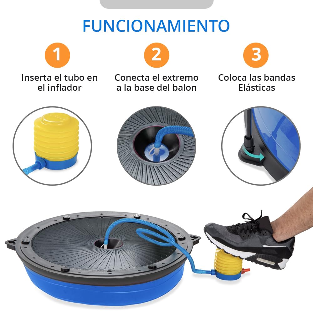 ManiBoom Bola Equilibrio Fitness Ø60cm con Inflador y 2 bandas de Resistencia - Ball ANTIDESLIZANTE para Yoga, Pilates, RECUPERACION Muscular y Estabilidad- Cojin Equilibrio Sensorial y ORTOPEDICO