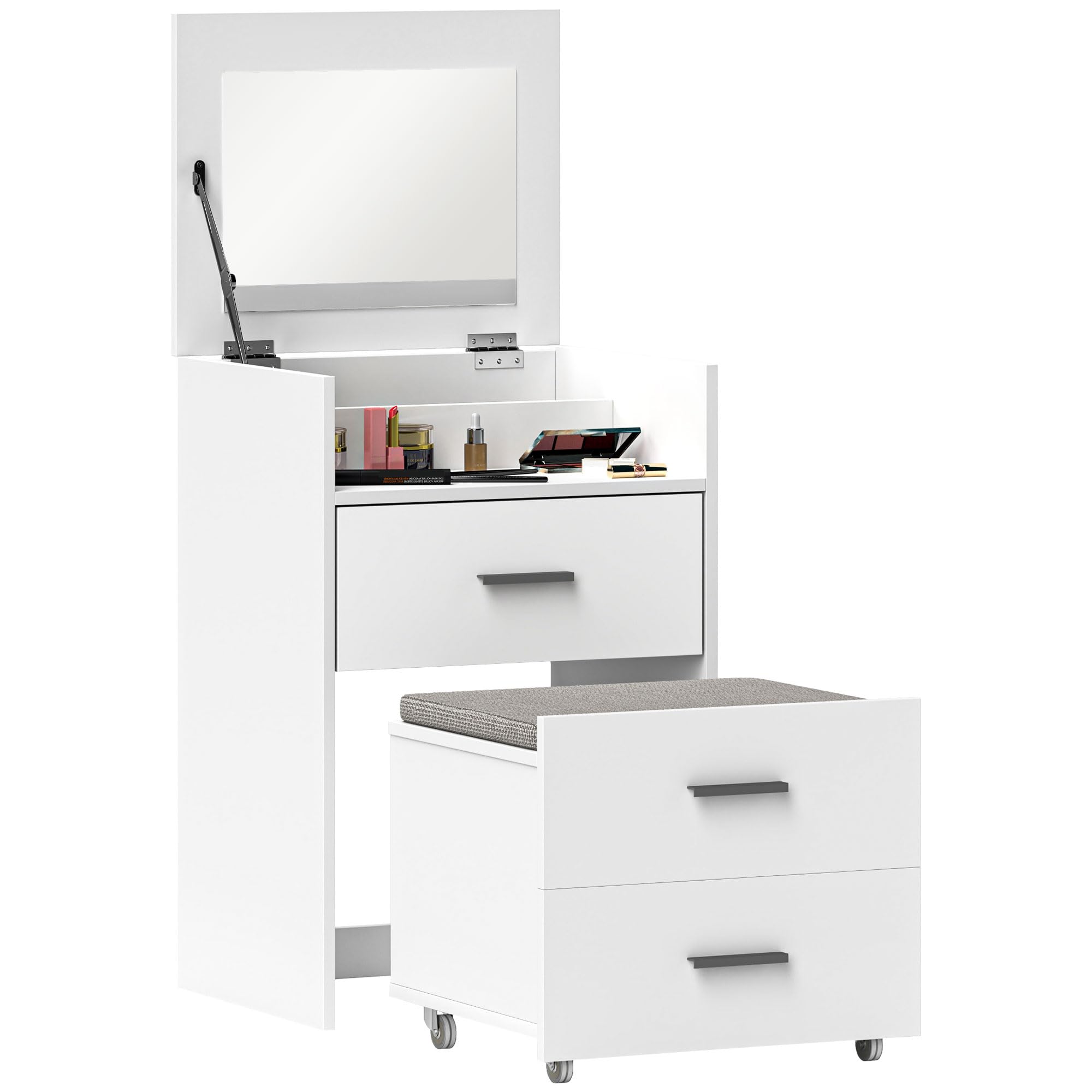 HOMCOM Estación de Maquillaje con Espejo Plegable, Taburete con Ruedas y 2 Cajones, Mesa y Taburete de MDF para Maquillaje con Cojín de Tela de Terciopelo Extraíble y Lavable, Blanco