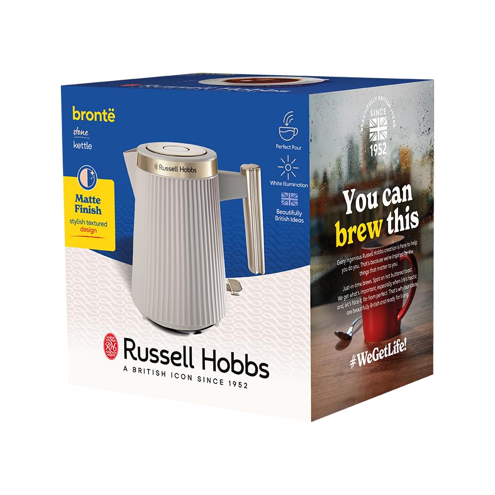 Russell Hobbs Grille pain [pour 2 tranches] Brontë Stone (6 réglages, finition beige mate, accents dorés, décongélation, réchauffage, surélévation, Lift et Look, support pour petits pains) 26761-56