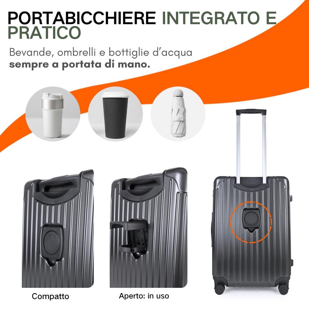 JLY Valigia Leggera Rigida con Ruote Girevoli a 360°, Chiusura TSA e Porta Bevande Integrata – Perfetta per Viaggi e Business