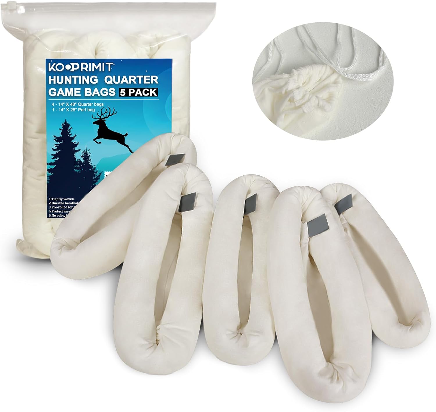 Game Bags Elk, 5-Packs Rolled Game Bags Deer, Reusable & Breathable Big Hunting Meat Bag with Reflective Tags for Elk, Caribou, Deer and Moose, Essential Hunting Accessories