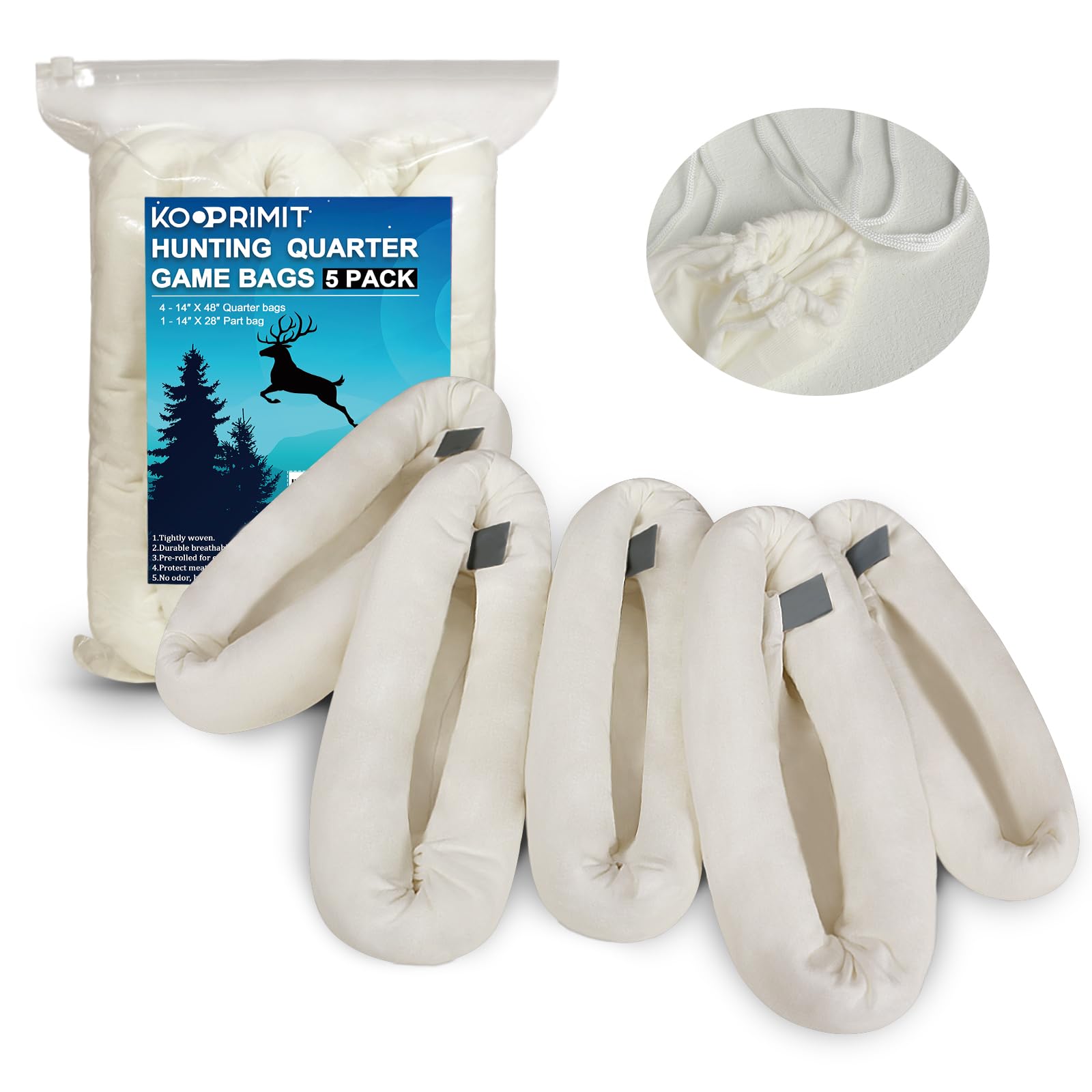 Kooprimit Game Bags Elk, 5-Packs Rolled Game Bags Deer, Reusable & Breathable Big Hunting Meat Bag with Reflective Tags for Elk, Caribou, Deer and Moose, Essential Hunting Accessories, 48inch