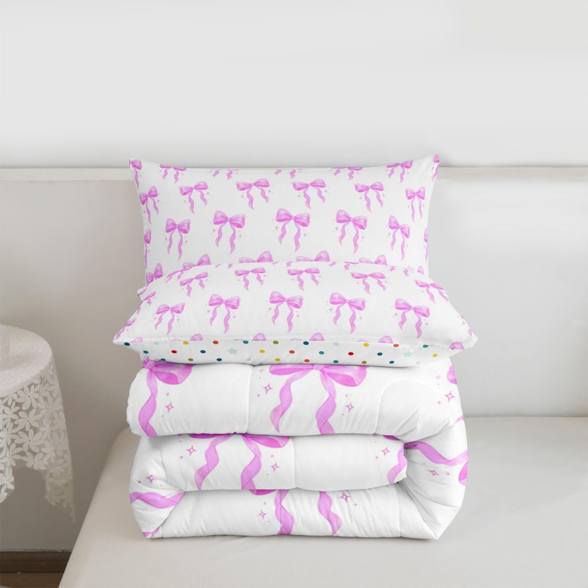 Homewish Dziecięcy uroczy zestaw pościeli z kokardą podwójny- różowa kokardka zestaw pościeli marzycielska księżniczka kokarda kołdra zestaw - kawaii urocza kołdra bez pokrowca