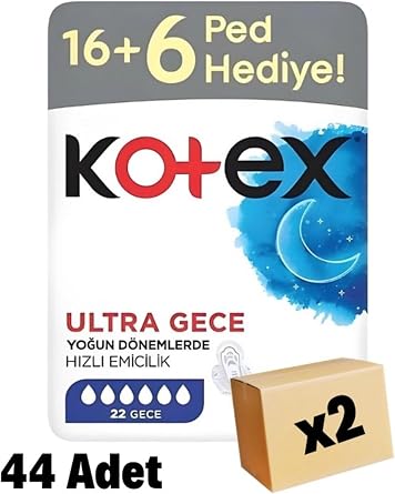 Kotex Ultra Gece Hijyenik Ped, 22li x2 Paket, 44 Adet