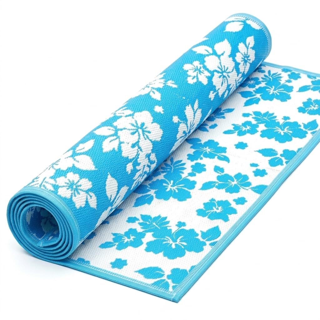 2-in-1 Reversible Plastic Chatai Floral Design Mat for Home – Waterproof, Foldable & Durable Big Size Floor Mat, Stylish Korai Mat for Living Room, Yoga & Outdoor Use (Blue & White)-image-3