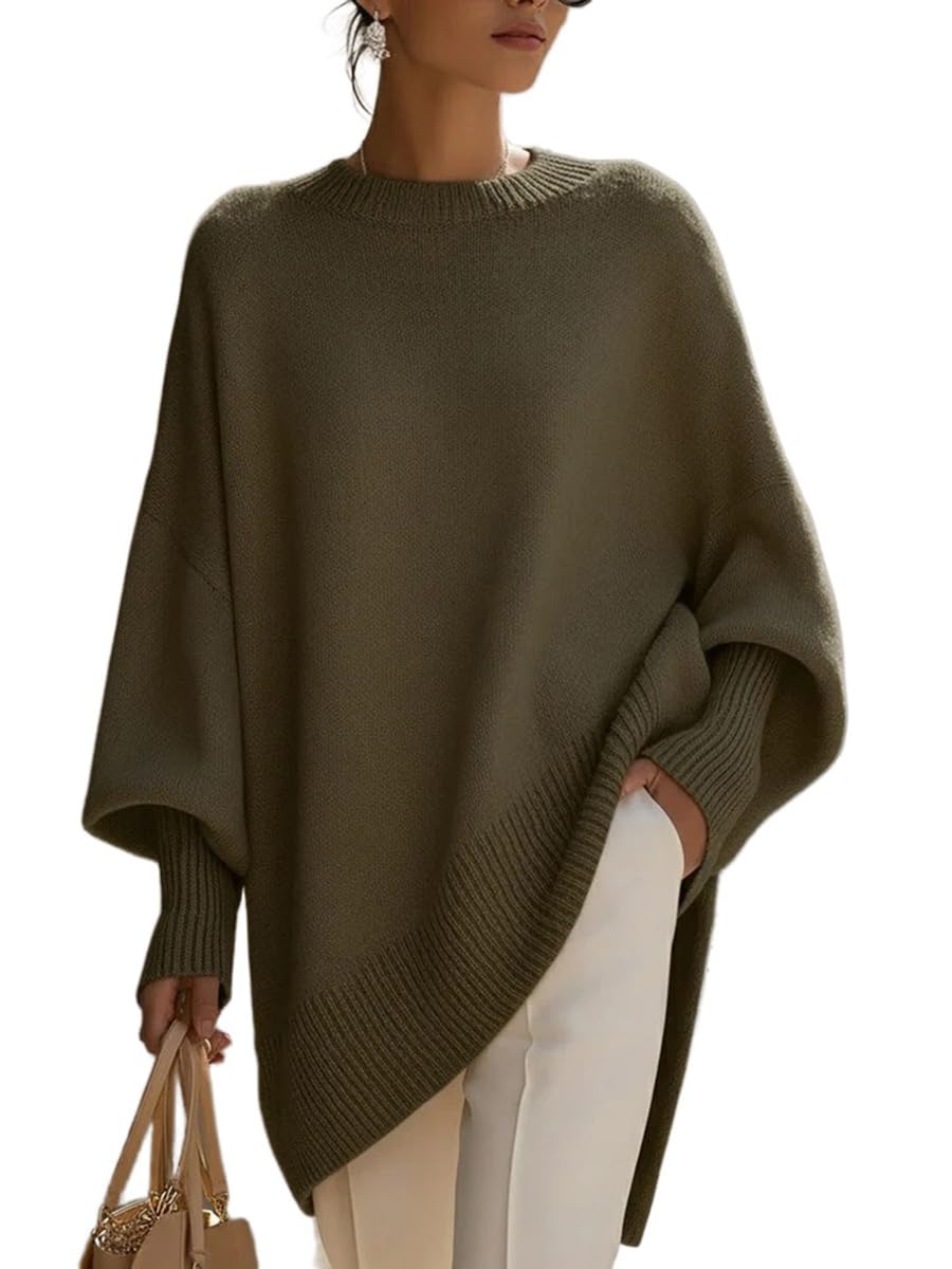 Melliflo Womens Oversized Lantern Sleeve Sweater Drop Shoulder Ribbed Crew Neck Pullover Sweaters Casual Loose Fit Knit Tops