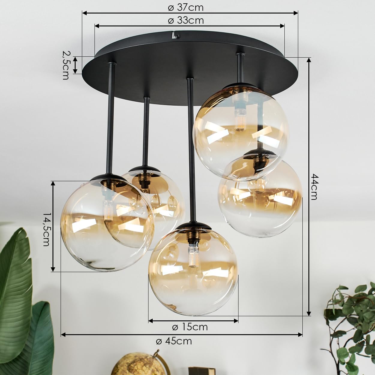 Plafoniera HOFSTEIN Chehalis, plafoniera a 5 luci in metallo/vetro nero/ambra/trasparente, lampada dal design retrò/vintage (paralumi Ø 15 cm), G9, sala da pranzo, soggiorno, camera da letto, cucina