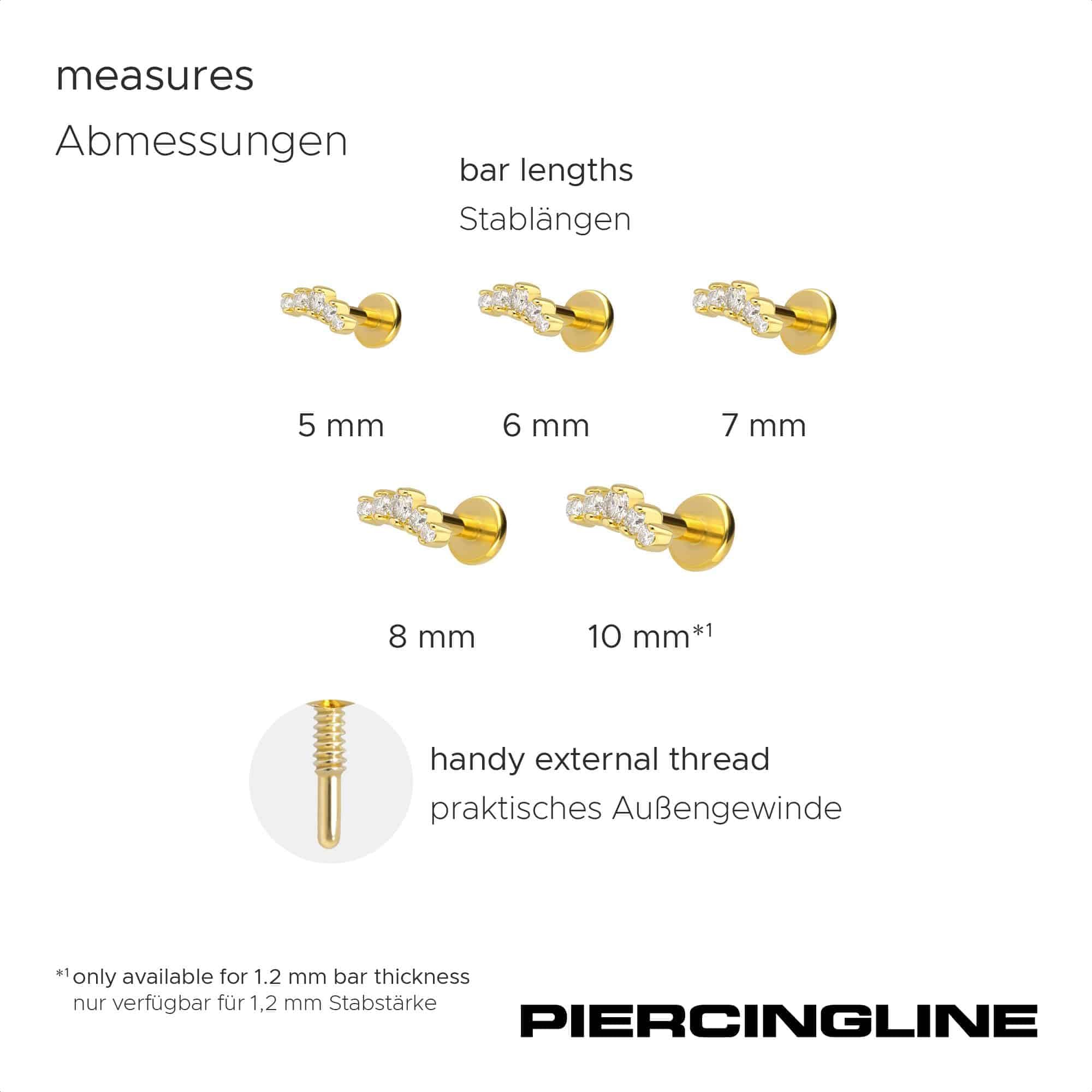 PIERCINGLINE Piercing Stecker Titan Labret mit Innengewinde + 925er Silber Aufsatz MOISSANIT-BOGEN - Goldfarben, Silberfarben