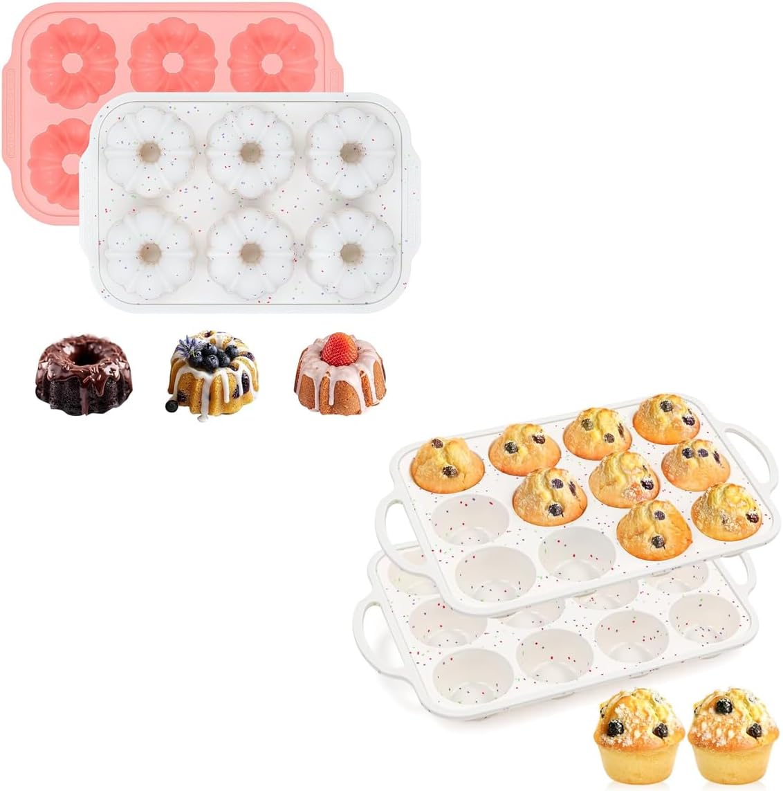 FUNBAKY Mini Fluted Tube Cake Pans & Silicone Muffin Pans with Metal Reinforced Frame