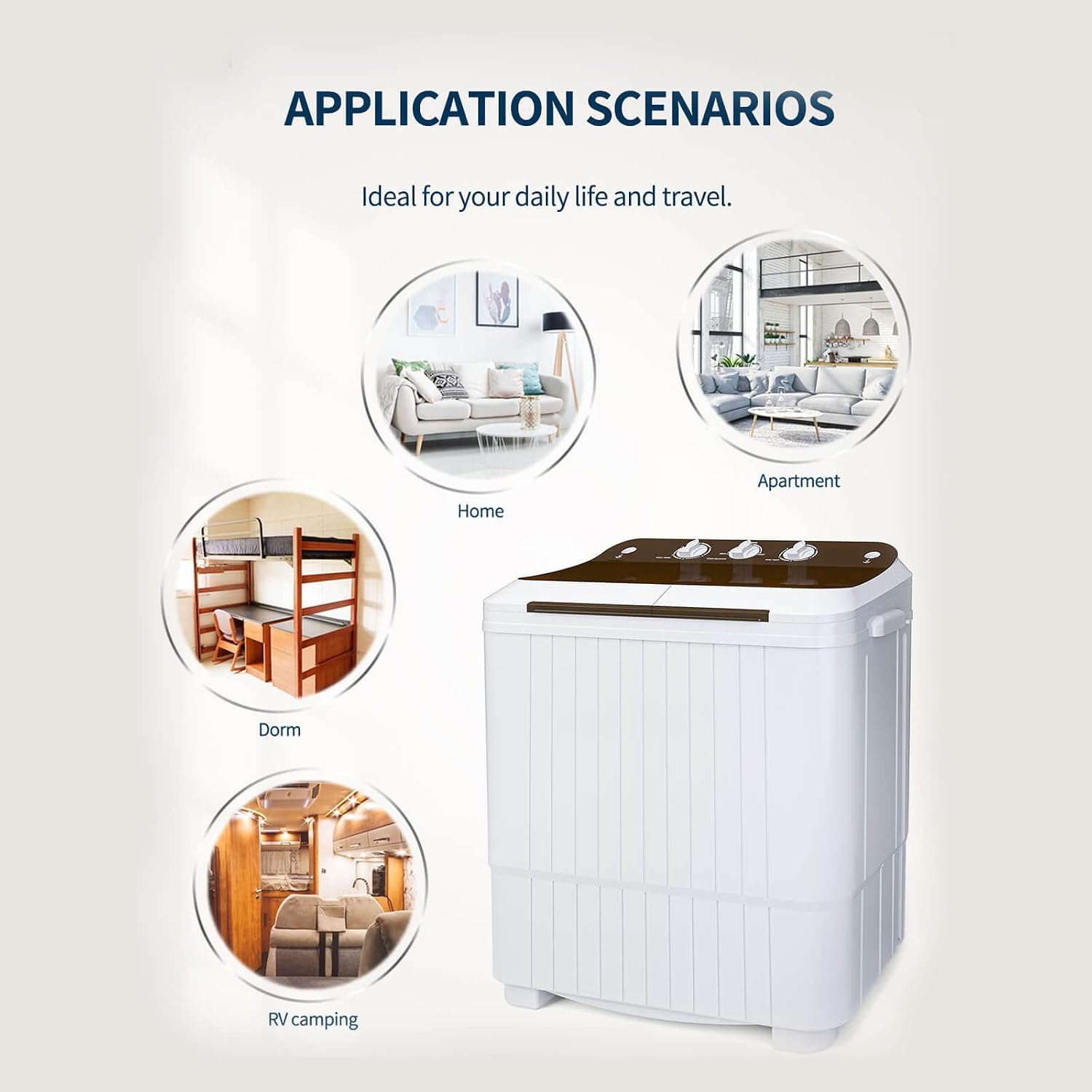 KUPPET Washing Machine, 16.5lbs Compact Twin Tub Wash&Spin Combo for Apartment, Dorms, RVs, Camping and More, White&Brown