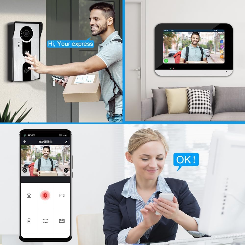 Sistema de Videoportero con Cable de 7pulgadas WiFi Monitor Interior Tuya 1080P Cámara Exterior Detección de Movimiento Visión Nocturna Audio Bidireccional