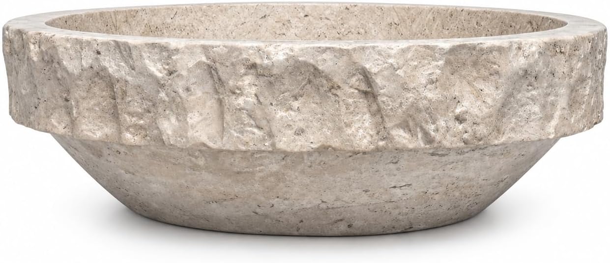 - Round Travertine Vessel Sink, Natural Stone Wash Basin, Hand-Carved Bathroom Sink, Chiseled Exterior, Polished Interior, Above Counter Vanity (Soap Tray Included)