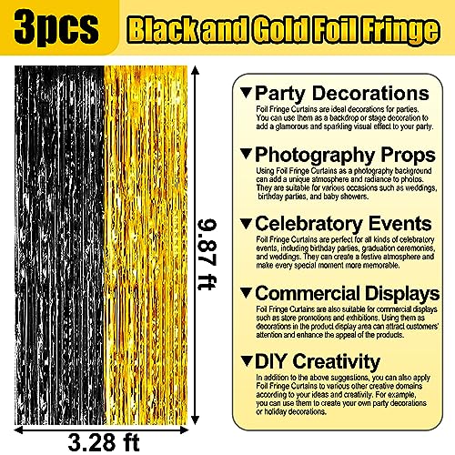 Image of 3 Pack Black Gold Foil Fringe Curtain Backdrop, 3.28Ft x 9.8Ft Metallic Tinsel Foil Fringe Streamer Curtains for Photo Booth, Christmas Day, Thanksgiving, Wedding, New Year Party Decorations