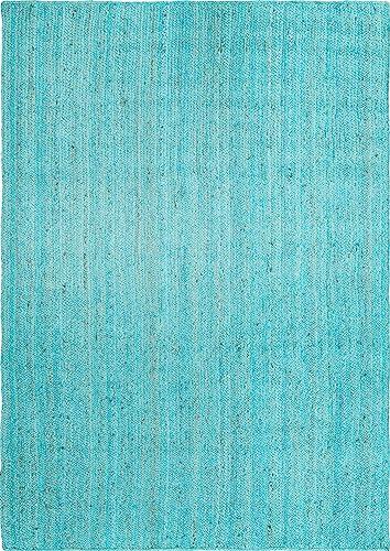 Image of Unique Loom Braided Jute Collection Area Rug - Dhaka (6' 1 inch x 9' Rectangle, Turquoise)