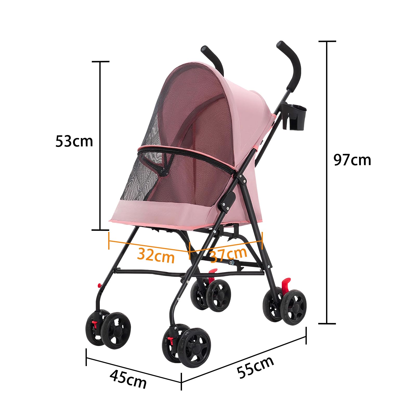 Passeggino per cani e gatti 2 in 1 pieghevole carrello per gatti cuccioli, guinzaglio di sicurezza, fino a 10 kg, leggero, pratico, rimovibile, con portabicchieri, 97 x 45 x 55 cm, rosa