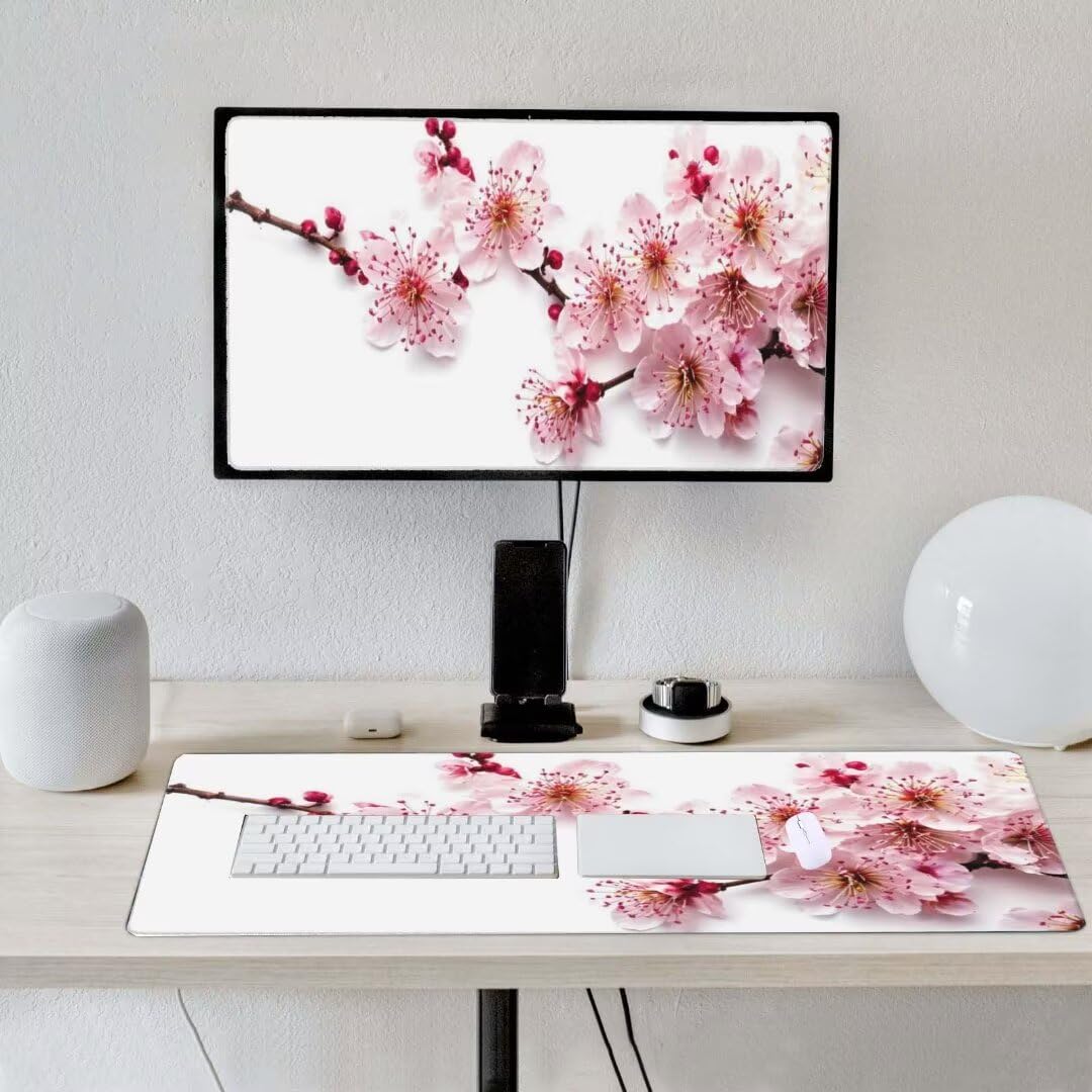 Alfombrilla de ratón 1400x600x3 MM, Alfombrilla Ratón XXL Extendida de Gran Tamaño con Bordes Cosidos, Base de Goma Antideslizante Almohadilla para Teclado, Flores de Cerezo Rosas S-4043