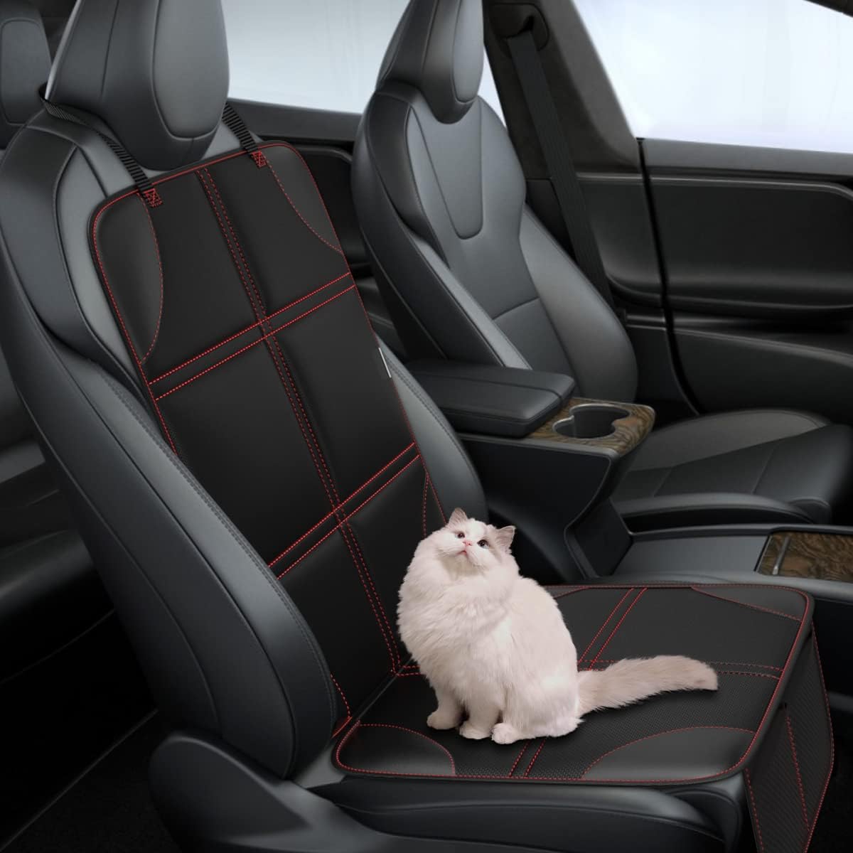 Meolsaek Car Seat Protector, Non-Slip Backing Will Not Leave Imprint, Waterproof Thicker Car Seat Cover for SUV, Sedan, Truck, Leather Car Seat Cushion (Black with Red Stitching)