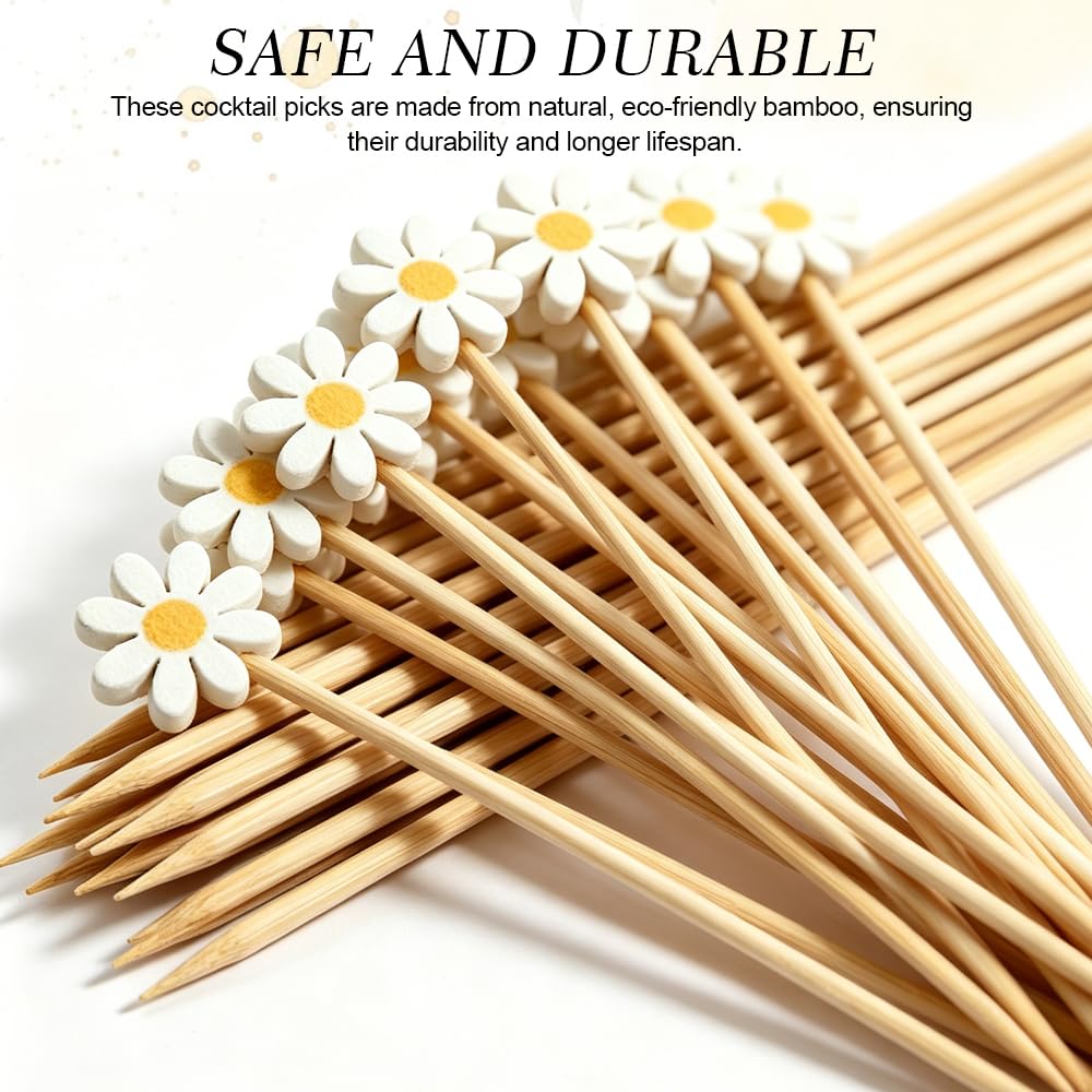 100 Piezas Palillos de Cóctel 12 CM,Palillos para Aperitivos de Bambú con Crisantemo, Brochetas Decorativas para Pinchos,Palitos para Brochetas de Frutas para Cumpleaños, Fiesta, Hamburguesas