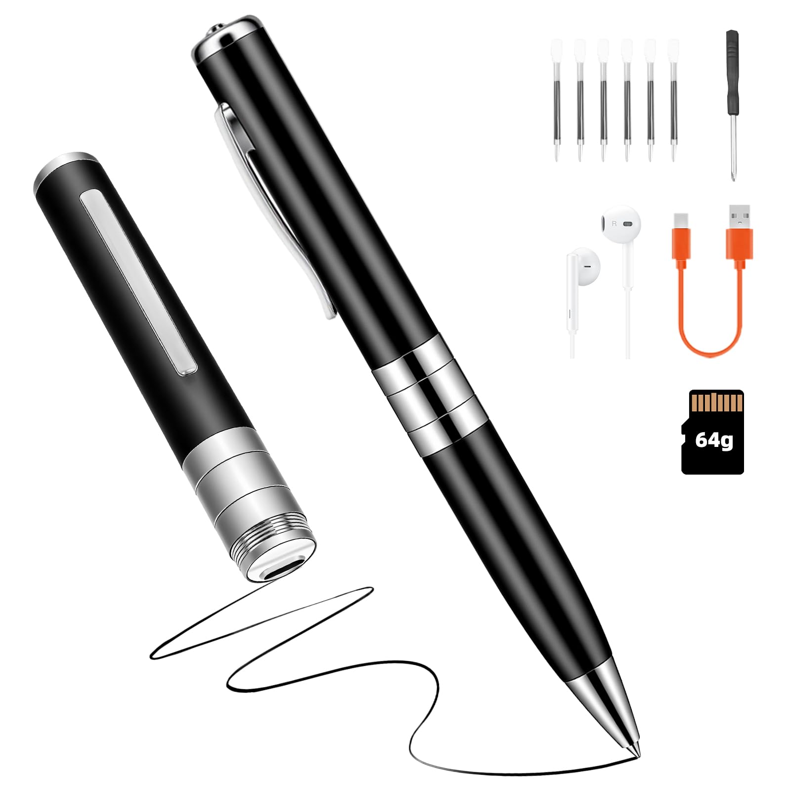 Pluma Grabación de Voz de 64 GB - Grabadora de Voz automática y Continua Mediante activación rotativa, Grabadora de Voz Espía Discreta para Cursos, Reuniones, Entrevistas (Negro)