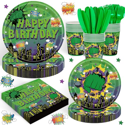 120 PCS Green Hero Party Decorations Include Plates Napkins and Knife and Fork Green Hero Party Supplies Serves 20