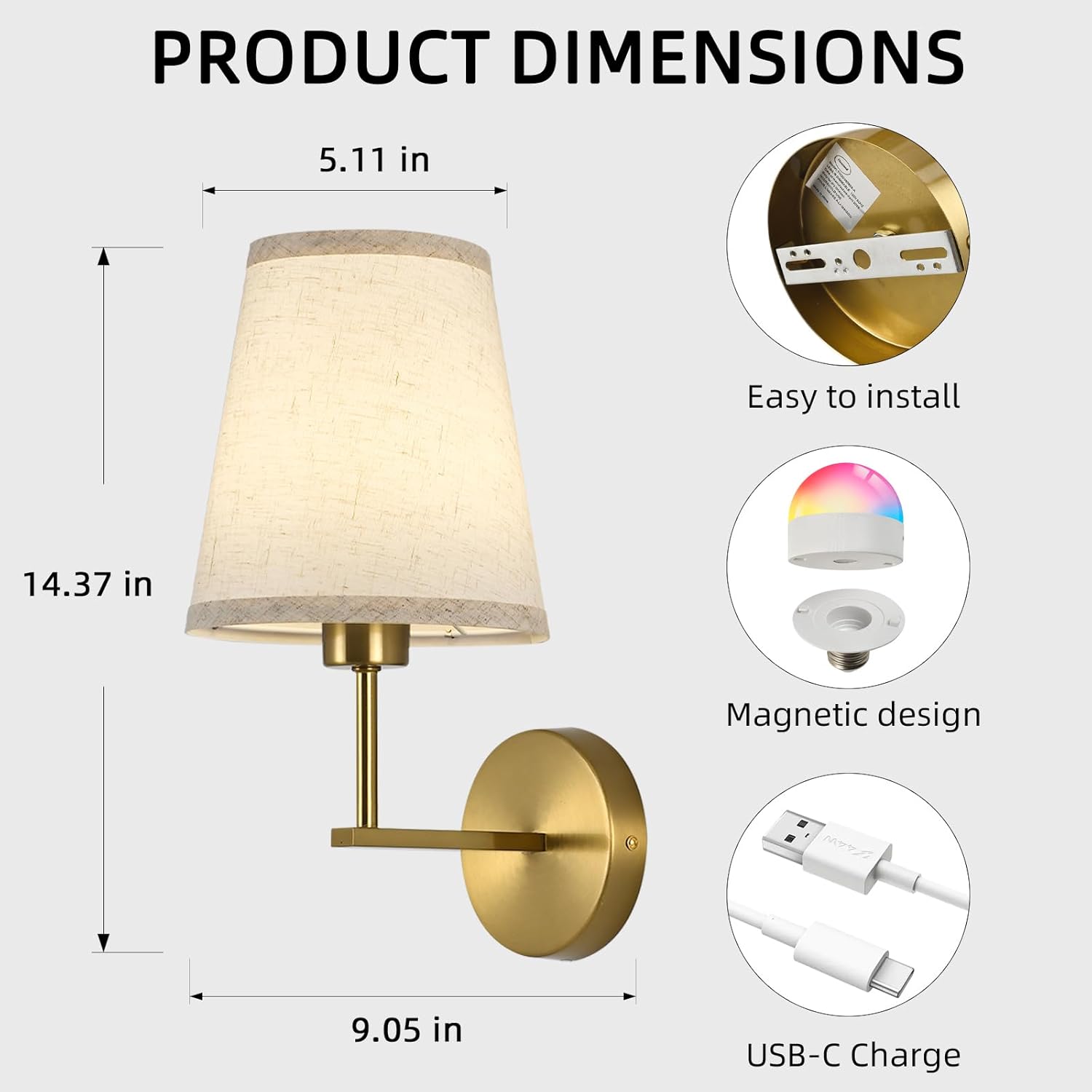 Battery Operated Wall Sconces Set of Two, Dimmable Rechargeable Battery Wall Light with RGB Bulb, Rechargeable Wall Mounted Sconce Lamp with Remote Control for Bedroom, Living Room, Entryway, Gold