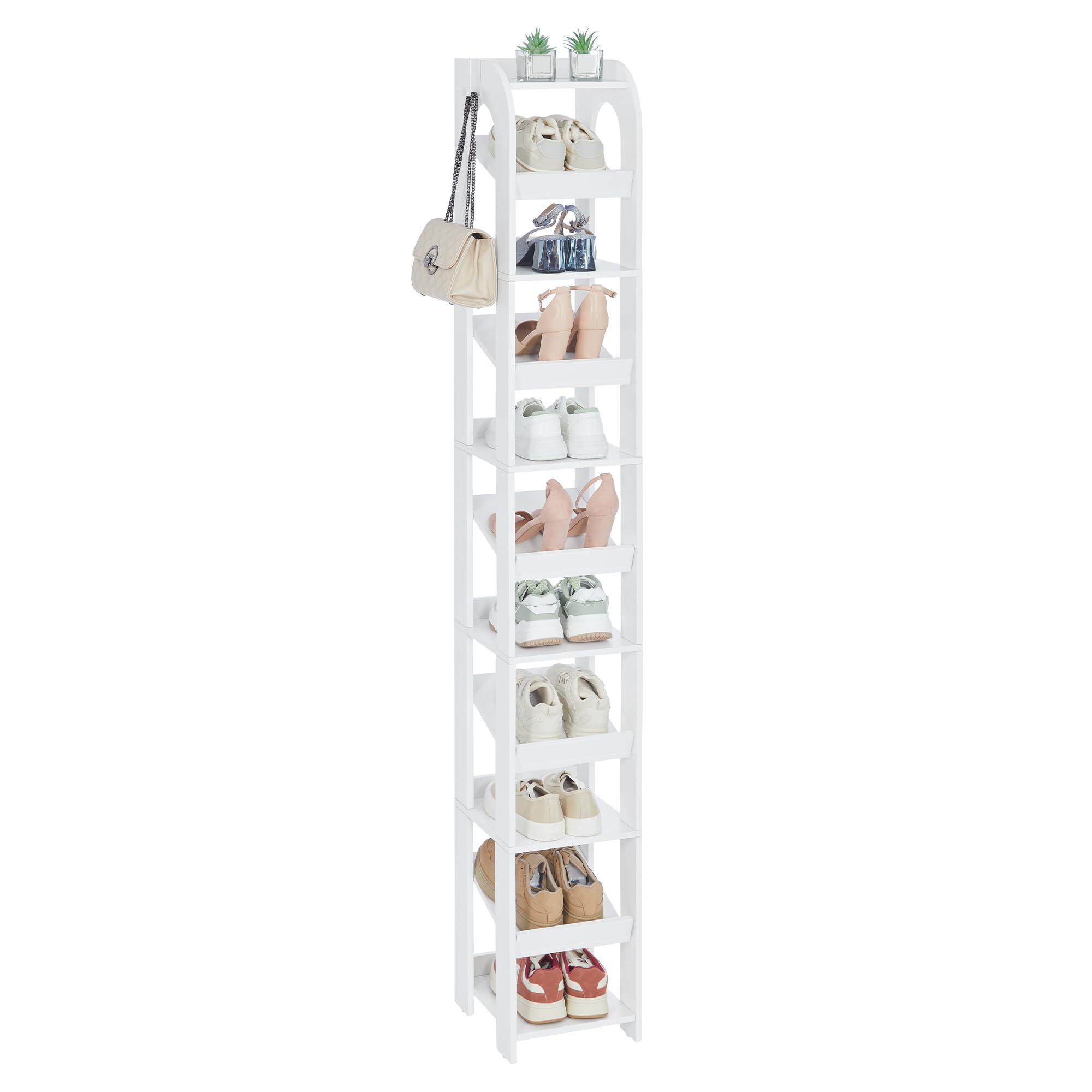 Hzuaneri Scarpiera Verticale, Scarpiera Stretta a 11 Livelli, Scaffale Portascarpe, con Ganci, 29 × 25 ×186 cm, Organizzatore di Scarpe in Legno per Ingresso, Soggiorno, Bianco SR12403X