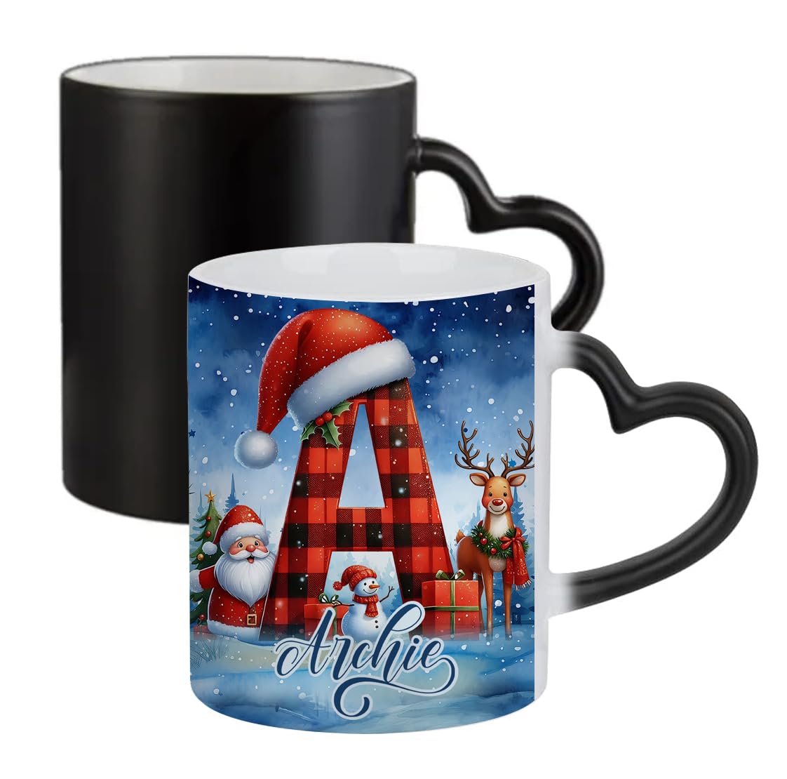 Getagift Personalised Christmas Alphabet Letter, Initial with Name, Xmas, Secret Santa Alphabet, Ceramic Heart Handle Mug, Colour Changing, Magic Mug.