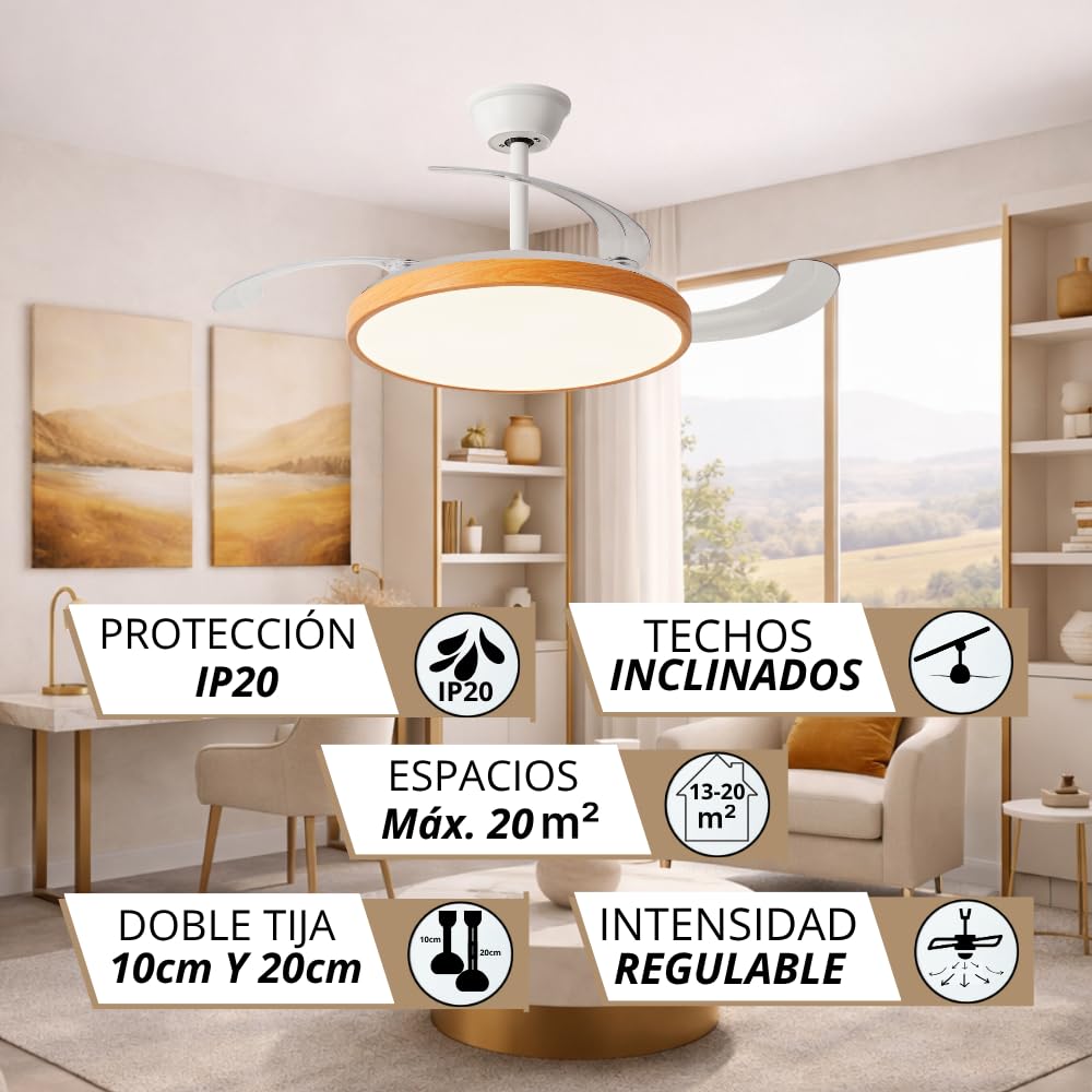 NARVI Ventilador de Techo Blanco y Madera Haya con Luz LED Regulable, Motor DC Silencioso de Bajo Consumo, Lámpara Ventilador con Mando, 3 Aspas Retráctiles, BRETAÑA 1779 WDN+WH