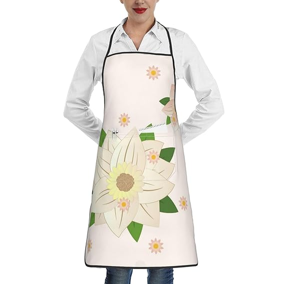 MYGANN Blooming Hexagonal White Unisex Waterproof Stain Resistant Apron With Pockets For Kitchen Restaurant Hotel Barbecue, White, One Size