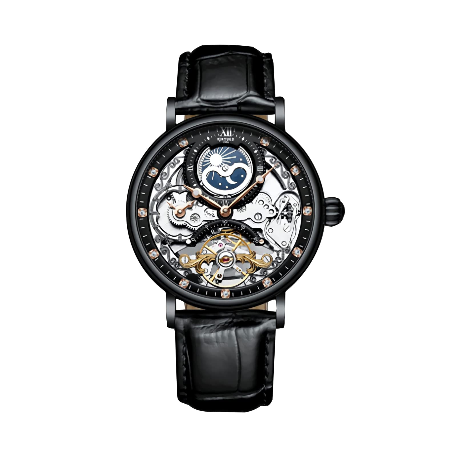 Tourbillon Herren-Armbanduhr, Mondphase, automatische Armbanduhr, modisch, Business, Luxus-Skelett, Herren-Armbanduhr, Dual-Zeit-Selbstaufzug, Lederband, Schwarz , Riemen