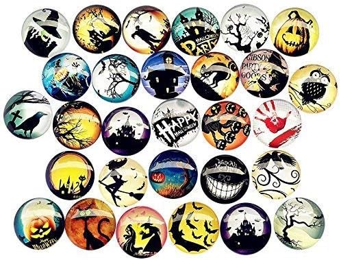 Libiline 50 piezas al azar de 0.472 in (12 pulgadas), estilos surtidos de Halloween, calabaza, murciélago, búho, cristal, parte trasera plana, botón