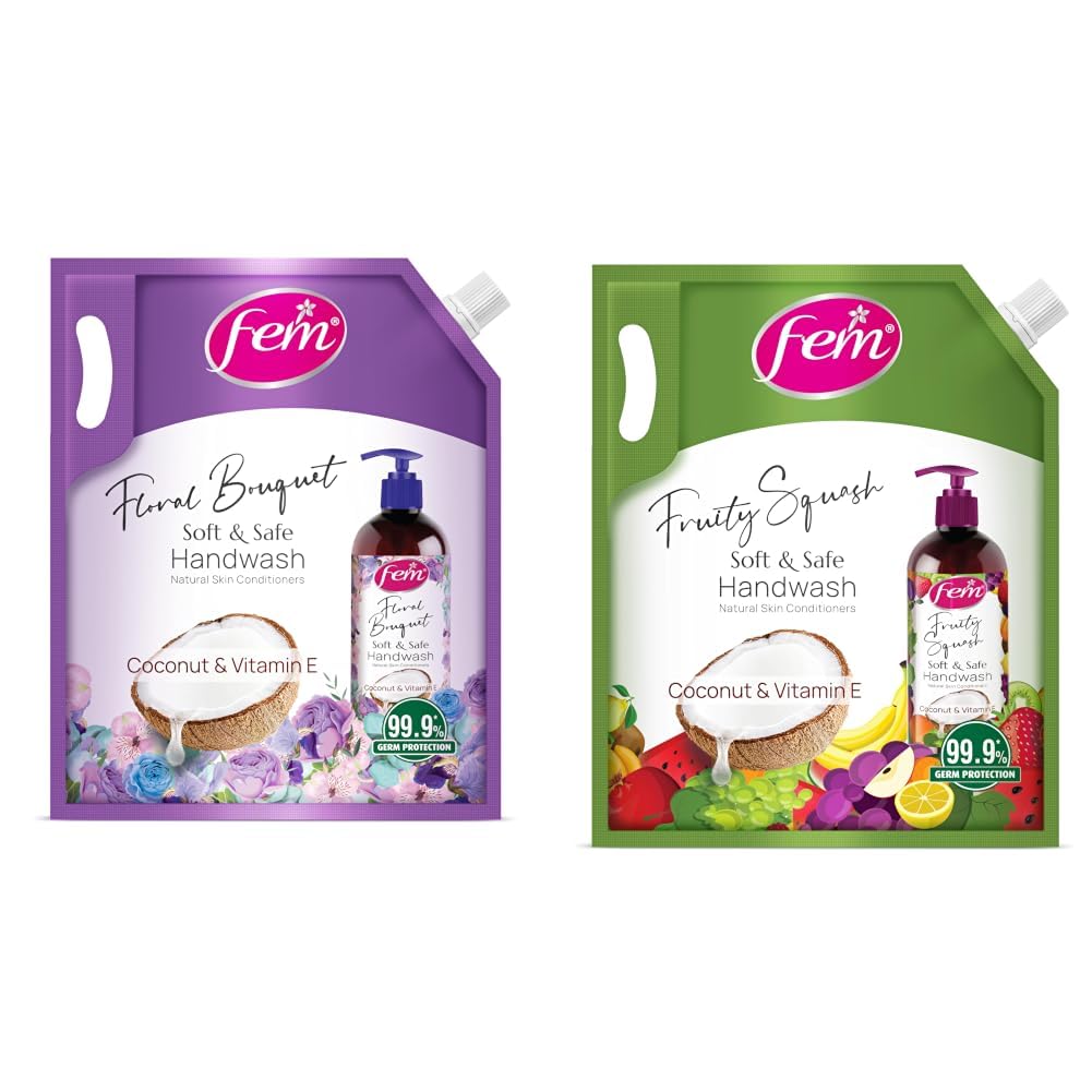 DABUR Fem Floral Bouquet Soft & Safe Handwash - 1500 Ml | Germ Protection | Enriched With Goodness Of Coconut Milk & Vitamin E | Long Lasting Fragrance & Fem Fruity Squash Soft & Safe Handwash-image-0