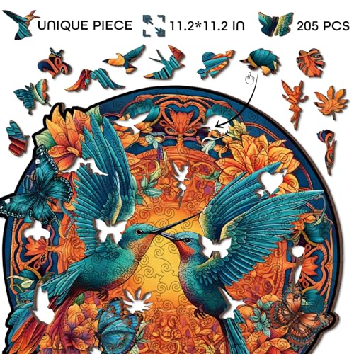 Mandala Hummingbird Wooden Puzzles, Bird Hard Jigsaw Puzzles for Adults, Gradient Flower Wood Puzzle - Thumbnail 3