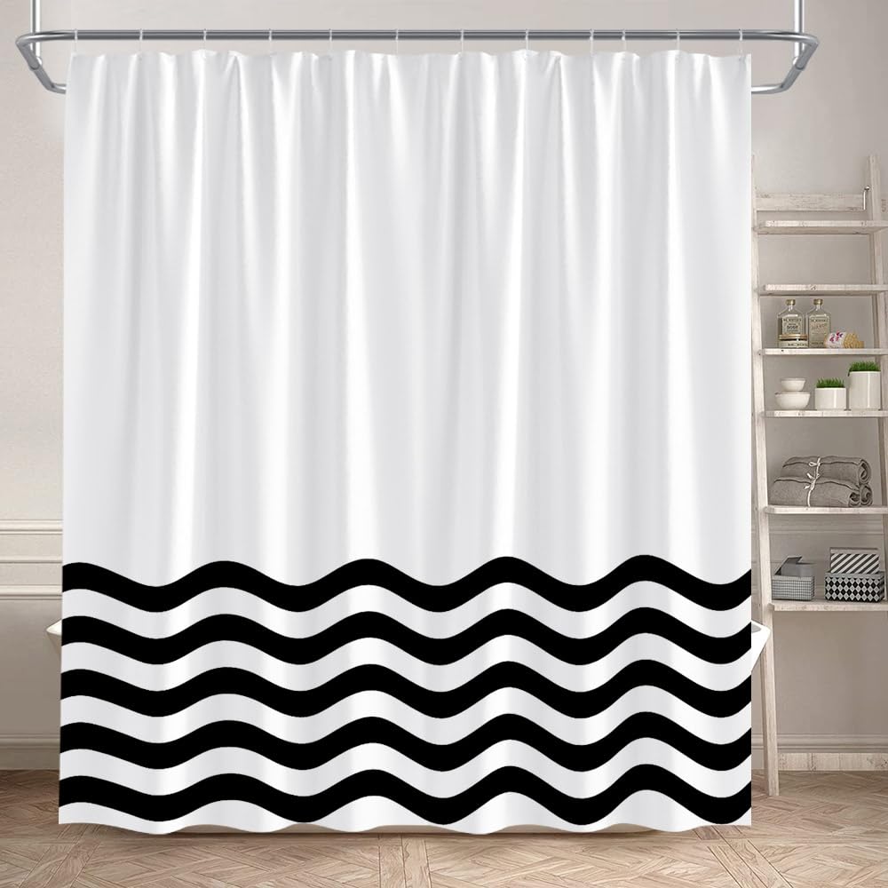 Schwarz-weißer, wellenförmiger Duschvorhang mit Streifen, kreatives geometrisches Liniendesign, moderner, minimalistischer Badezimmervorhangstoff 183x188cm/72x74in(Breite x Höhe)