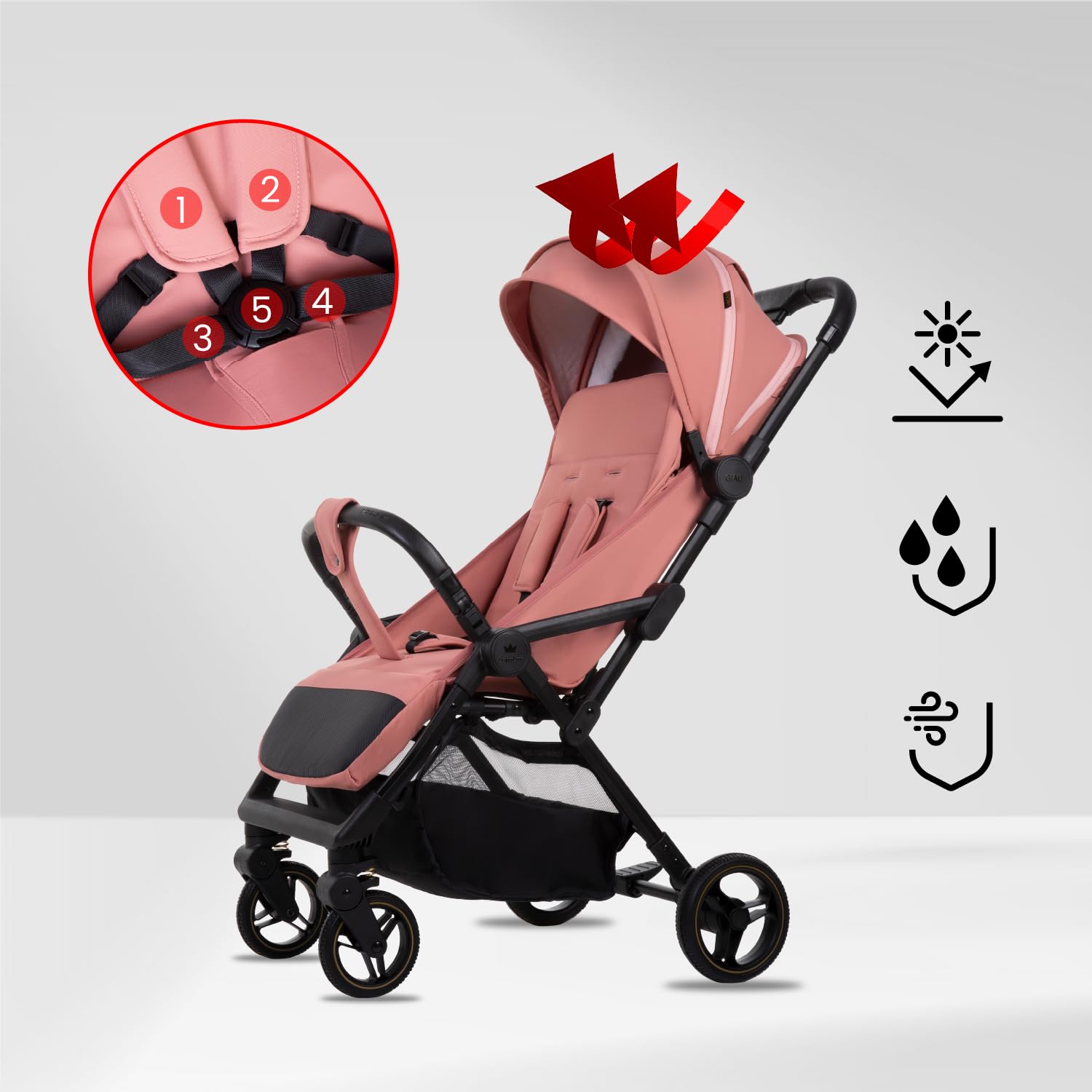 Babylux Passeggino Leggero da Viaggio GIAU con Funzione Reclinabile, Pink | Passeggino Pieghevole, Manubrio Telescopico, Ripiegabile In Modo Compatto, Borsa Per Pannolini E Viaggio E Altri Accessori