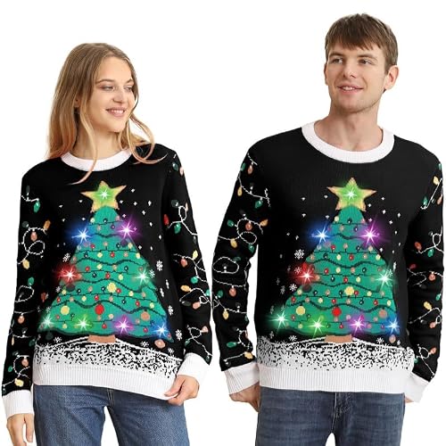 Kouric Ugly Christmas Sweater Herren Damen, hässliche Weihnachtspullover LED, Pullover Weihnachten Pärchen lustig mit Licht, Weihnachtspullover Familie Set, Weihnachtspulli Weihnachtsbaum Schwarz 2XL