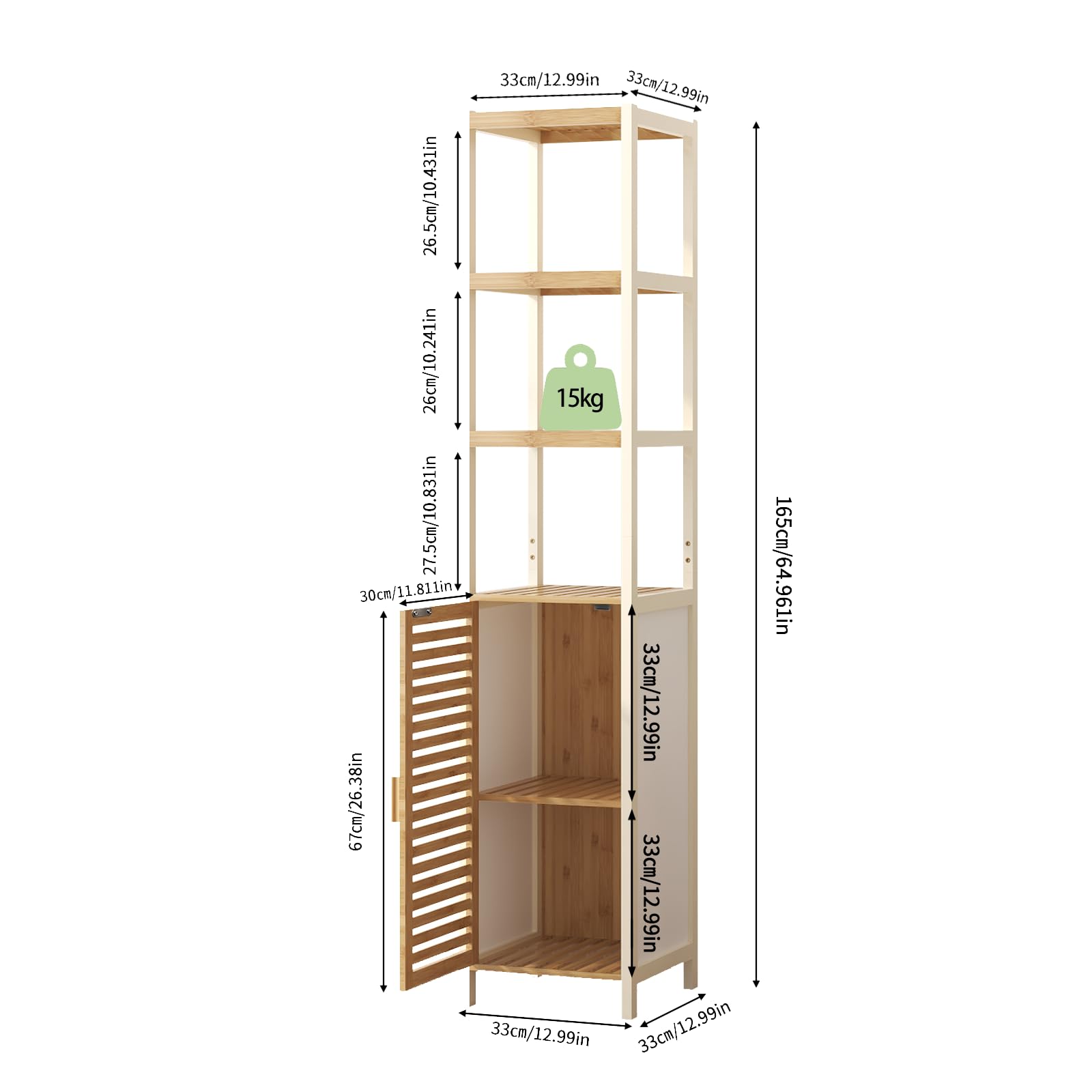 Estantería de bambú para baño con 3 compartimentos abiertos y armario, multifuncional, estantería de baño estrecha de pie con puerta, estantería de baño para pasillo, cocina, salón