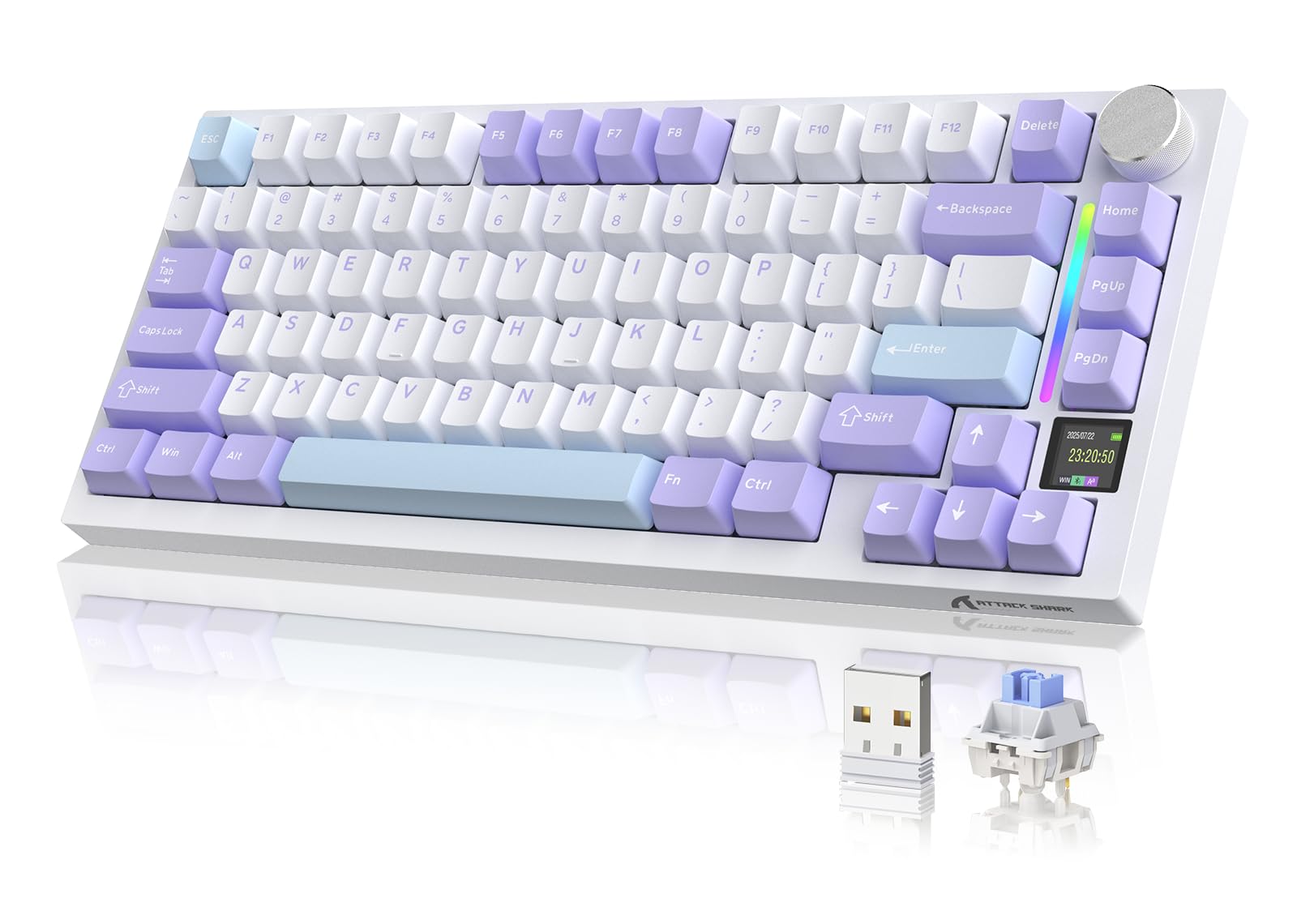 YINDIAO ATTACK SHARK X820 Ultra Gasket Mechanical Keyboard with TFT Screen & Knob, 75% ANSI Layout, 2.4Ghz/BT/Wired, 5 Sound Absorbing Foams, Hot-Swap Linear Switch, for PC,MAC (Purple, Shark Switch)