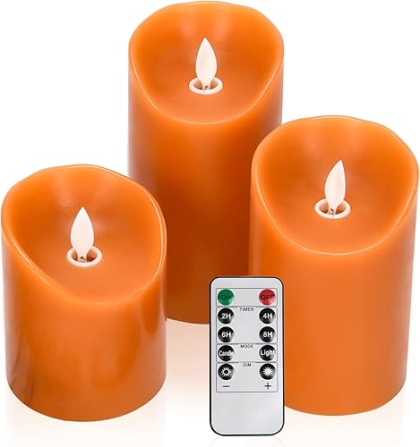 Juego de velas falsas LED sin llama parpadeantes de cera real con control remoto y temporizador para decoraciones de Halloween (naranja)