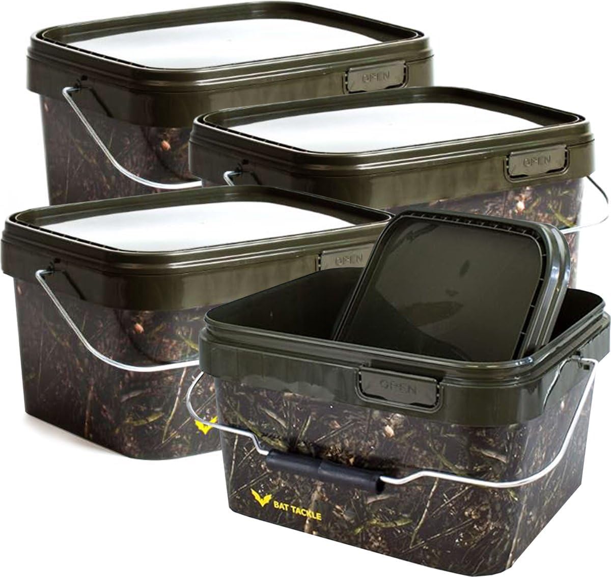 X2 Bat Tackle Sac Camouflage 4 Pièces - 5L - Camouflage pour Rangement, Nourriture, Cendres et Bouillettes - Bait Bucket