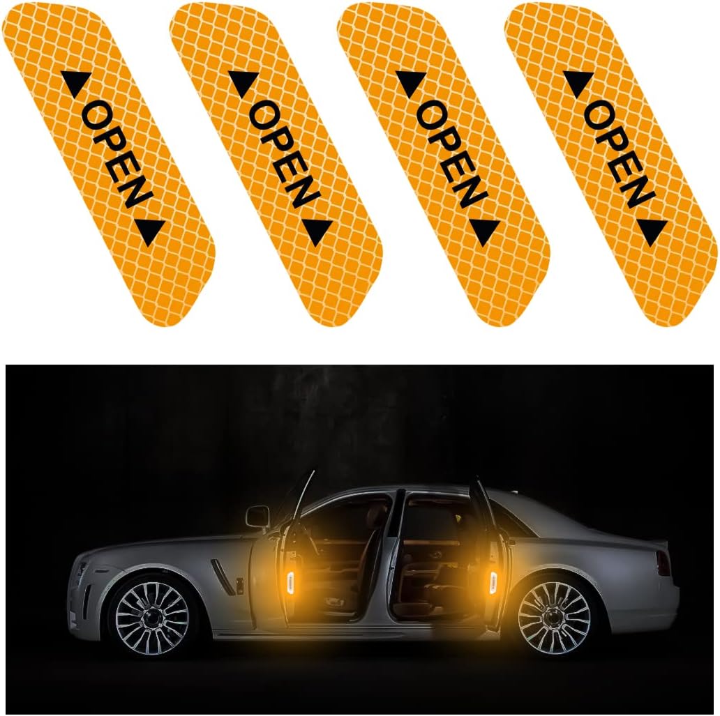 CGEAMDY 4 PCS Car Door Open Warning Reflective Stickers, Night Visibility Auto Safety Prompt Decals, Anti-Collision Protective Strip, Car Accessories Universal for Car, Truck, SUV, Van(Yellow)