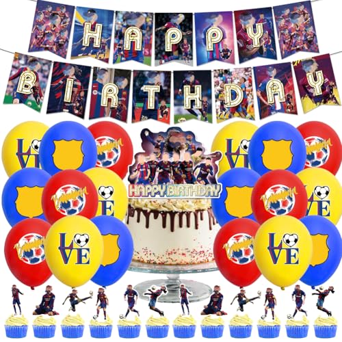 XNAUVOI 32 Pcs Barce-lona Cumpleaños Decoracion, Fútbol Fiesta de Cumpleaños para Niños - Pancartas, Globos, Decoración de Pasteles, Cupcake Toppers Fútbol Suministros de Fiesta de Cumpleaños