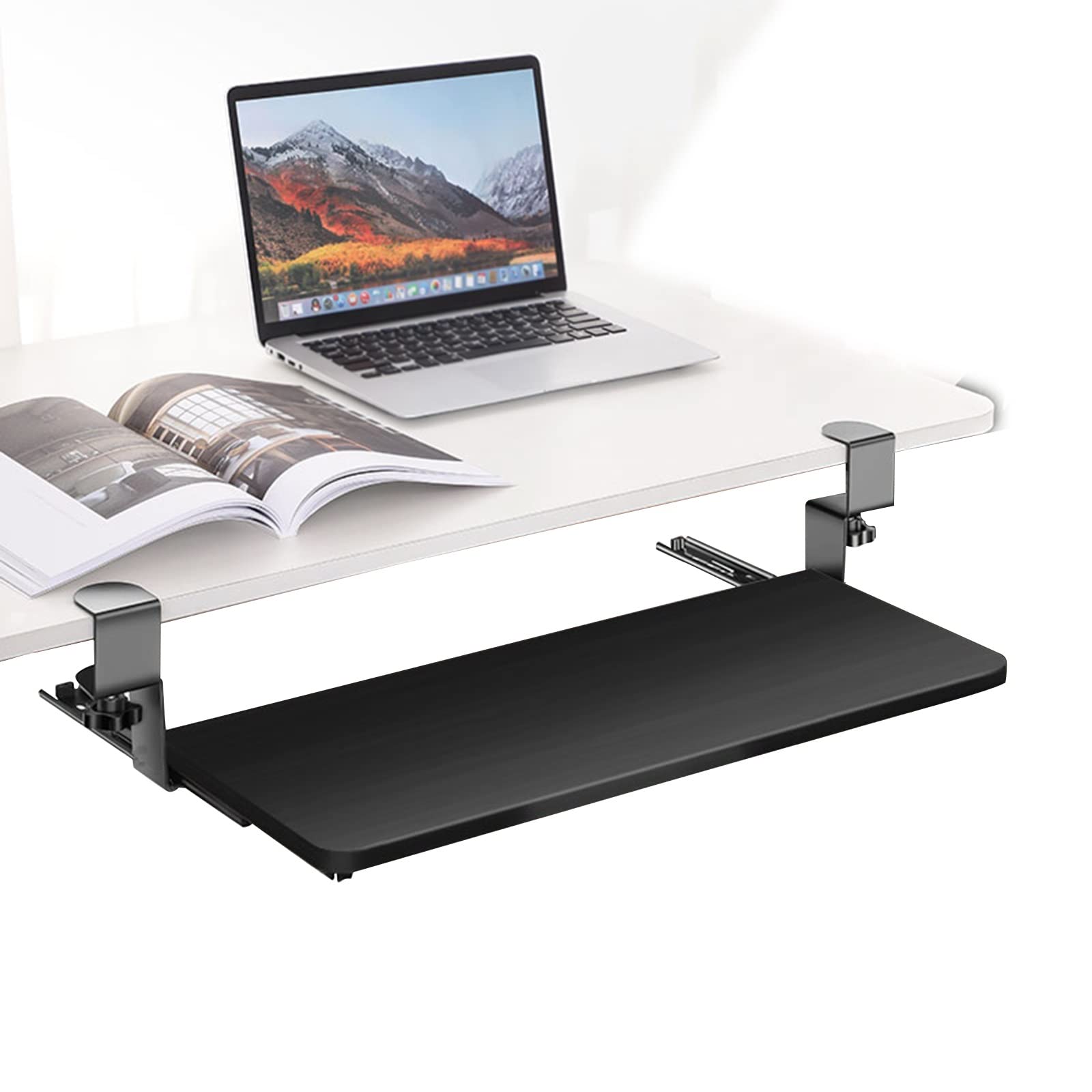 Vassoio per tastiera regolabile con supporto estraibile per mouse, ergonomico, per casa e ufficio, ripiani di supporto salvaspazio per taglierine, nero, 750 x 240 mm