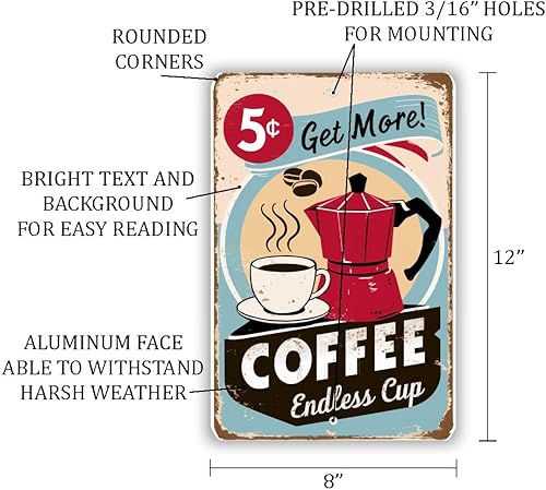 Miniatura 2 de Letrero de metal con texto en inglés "Get More! Coffee - Endless Cup" de estilo vintage, cafetera roja retro y taza de café blanca de 8 x 12 pulgadas