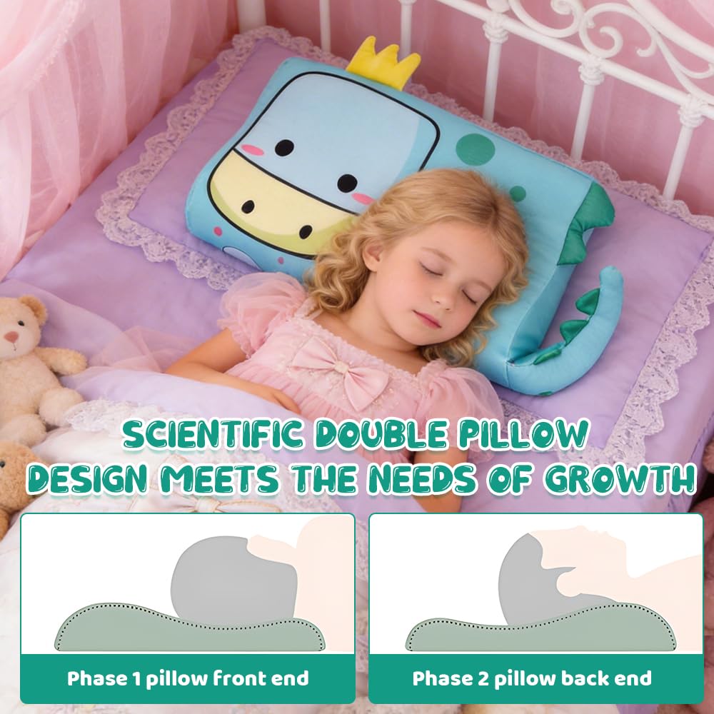 Almohada para Niños, Almohada Bebe, 45 x 27 cm Cojín Calmly, Almohada Infantil con Memoria Transpirable, ergonómica, con Funda de Almohada, Almohada niños 2 años Dinosauro Della Corona
