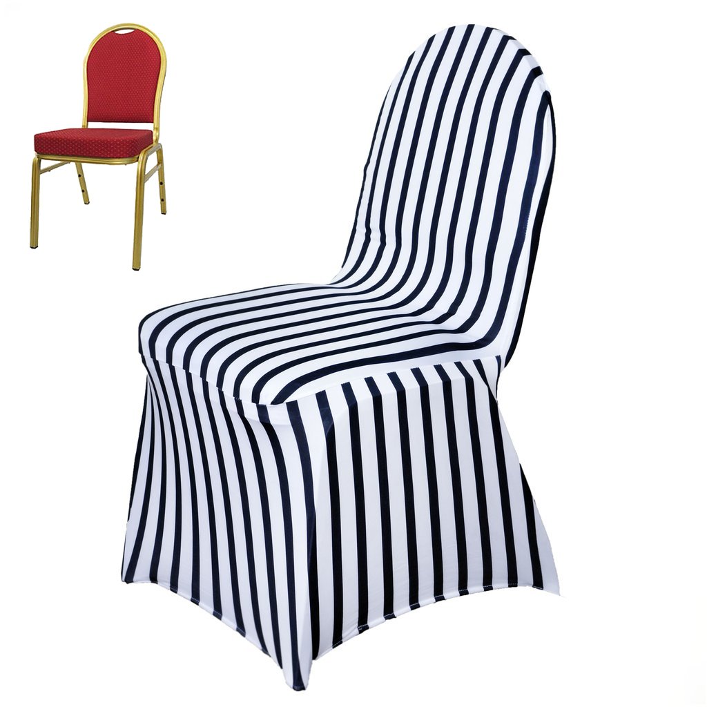 TABLECLOTHSFACTORY Striped Spandex Chair Cover for Wedding Event Party - Black/White-Pack of 5