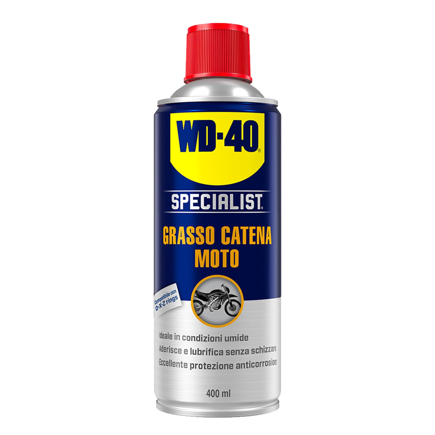 WD-40 - Specialist - Grasso Catena Moto - Per Condizioni Umide - Lubrifica, Previene la ruggine a lungo termine, Riduce l'usura della catena della moto - Compatible con O, X, Z Rings - Spray 400ml